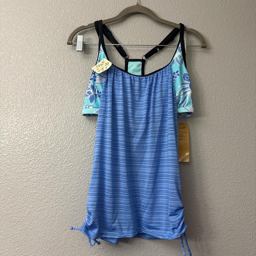 ZEROXPOSURE Blue Striped 2 in 1 Ruched  Tankini Top with Adjustable Straps